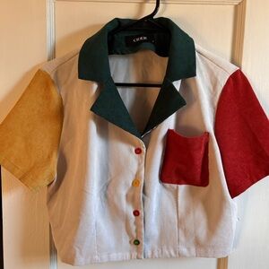 CIDER PATCHWORK COLLAR SHORT SLEEVE CROP BLOUSE